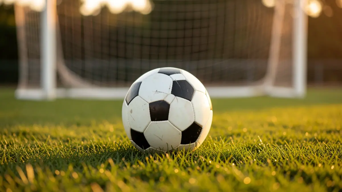 Soccer ball on grass with blurred goal net at sunset.