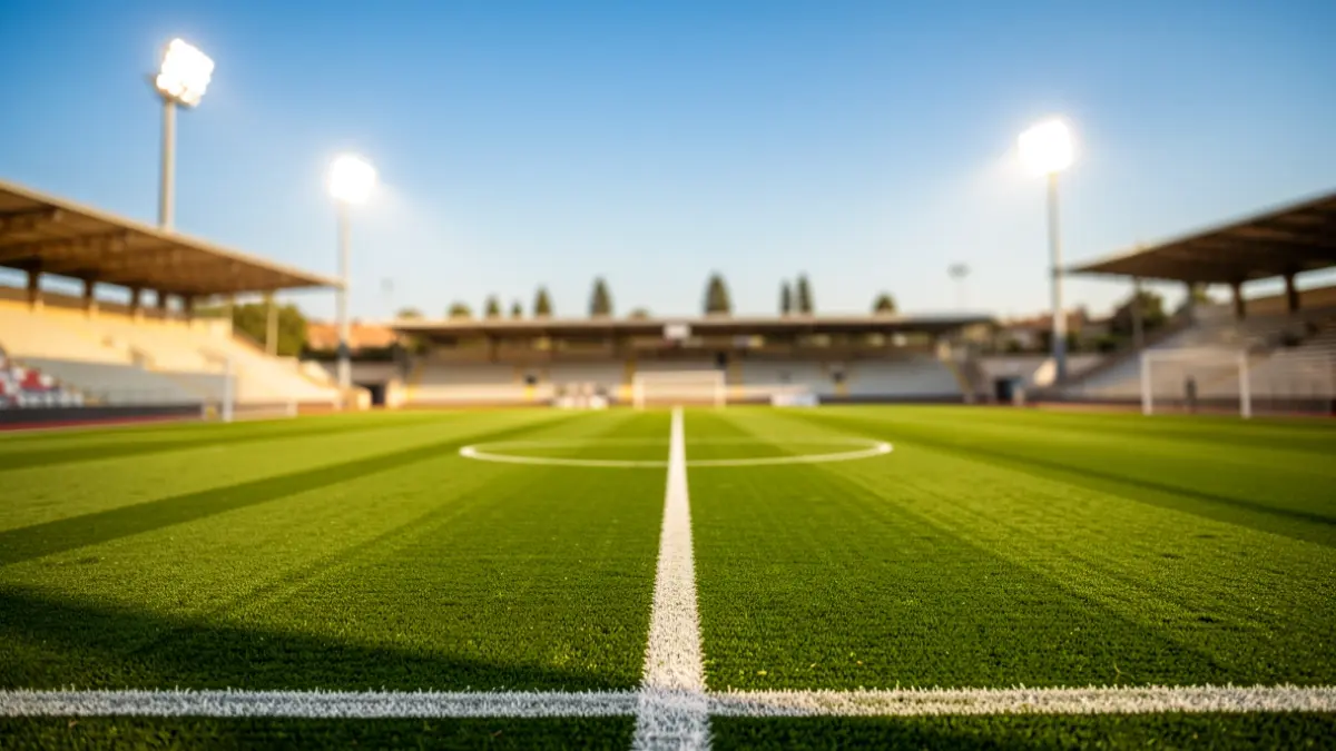 Campo de fútbol en el Marbella Football Center con césped verde y luces de estadio.