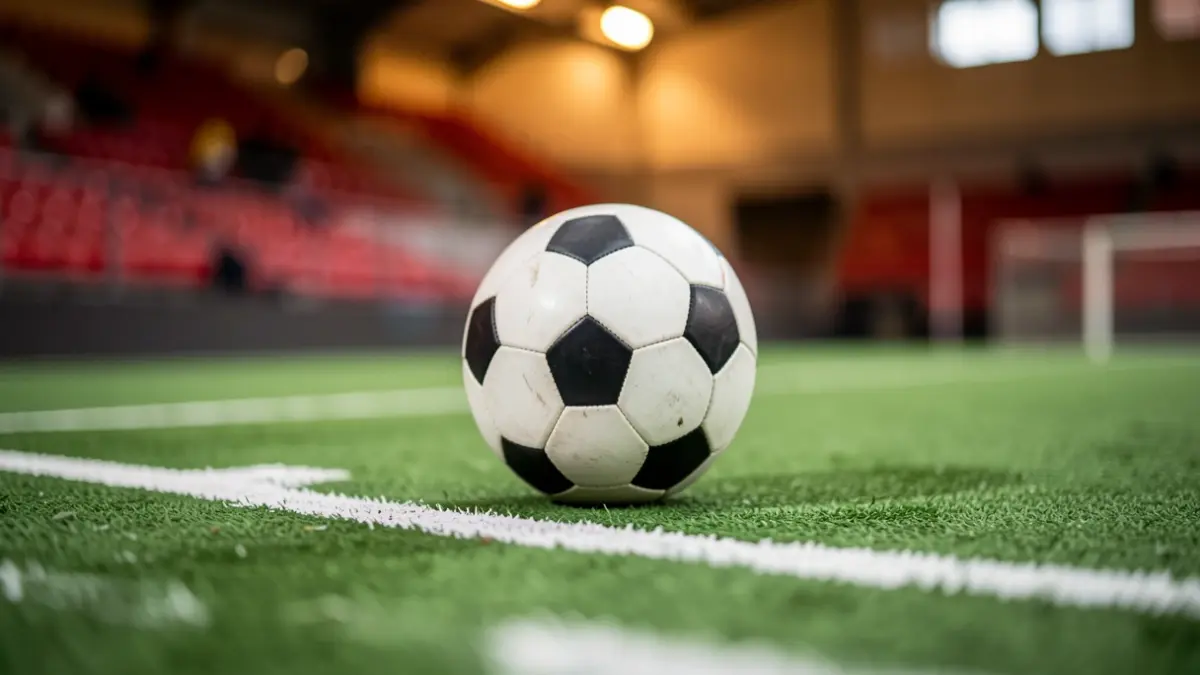 Balón de fútbol sala sobre una cancha con líneas blancas.