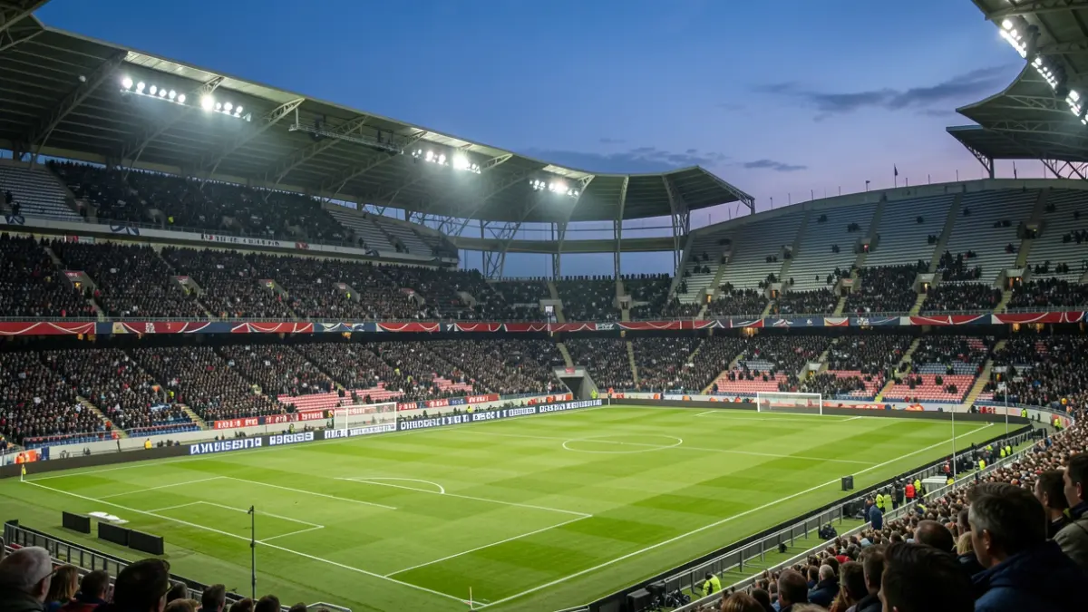Generic image of a football stadium at dusk with the pitch illuminated.
