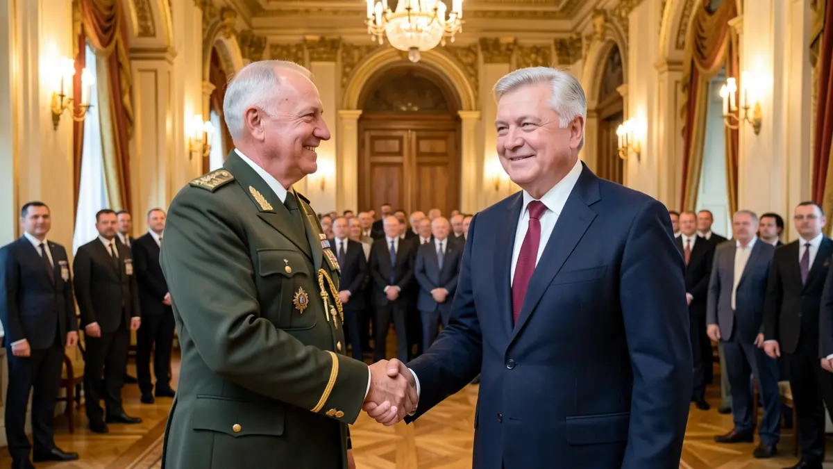 Generic image of a formal meeting between a military colonel and a provincial president in an institutional hall.