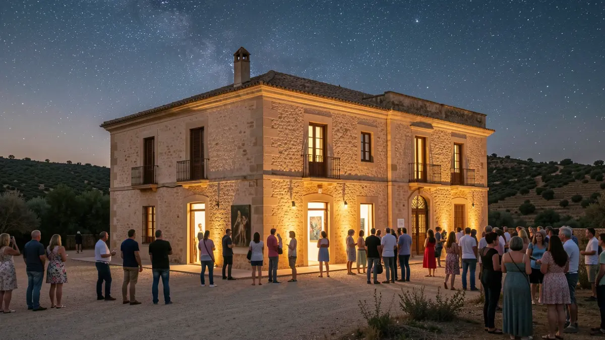 Imagen del Cortijo de Guadacorte iluminado por la noche durante una exposición de arte.