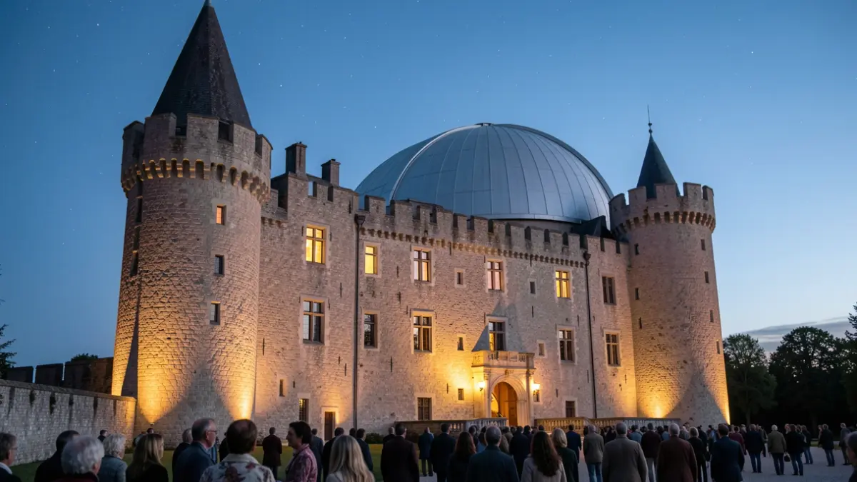 Exterior view of a medieval castle with an integrated planetarium at dusk.