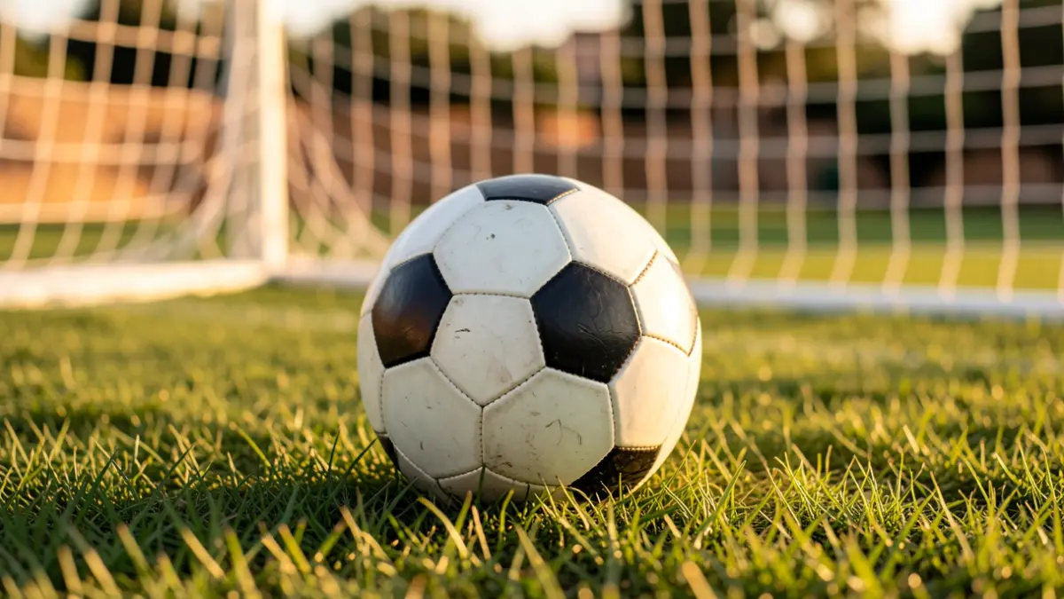 Generic image of a soccer ball on grass with a blurred goal net in the background.