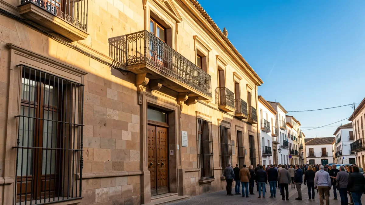 Facade of an Andalusian town hall with an ornate balcony and iron railings, warm afternoon light.