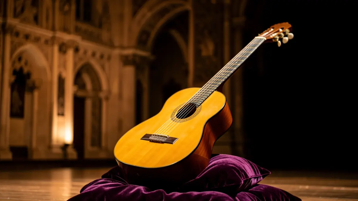 Close-up of a classical guitar on a velvet cushion, with Spanish architecture in the background.