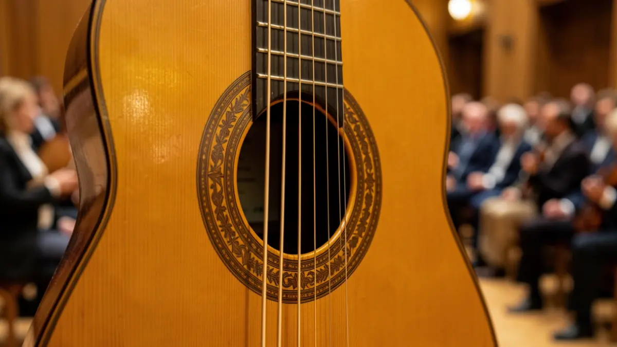 Close-up of a classical guitar, highlighting its rosette and wood.