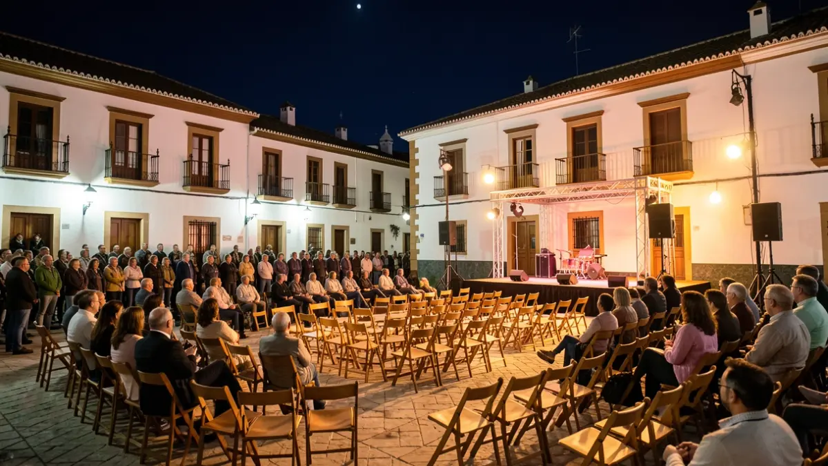 Escena nocturna de un escenario al aire libre en una plaza andaluza con edificios blancos y cielo estrellado.