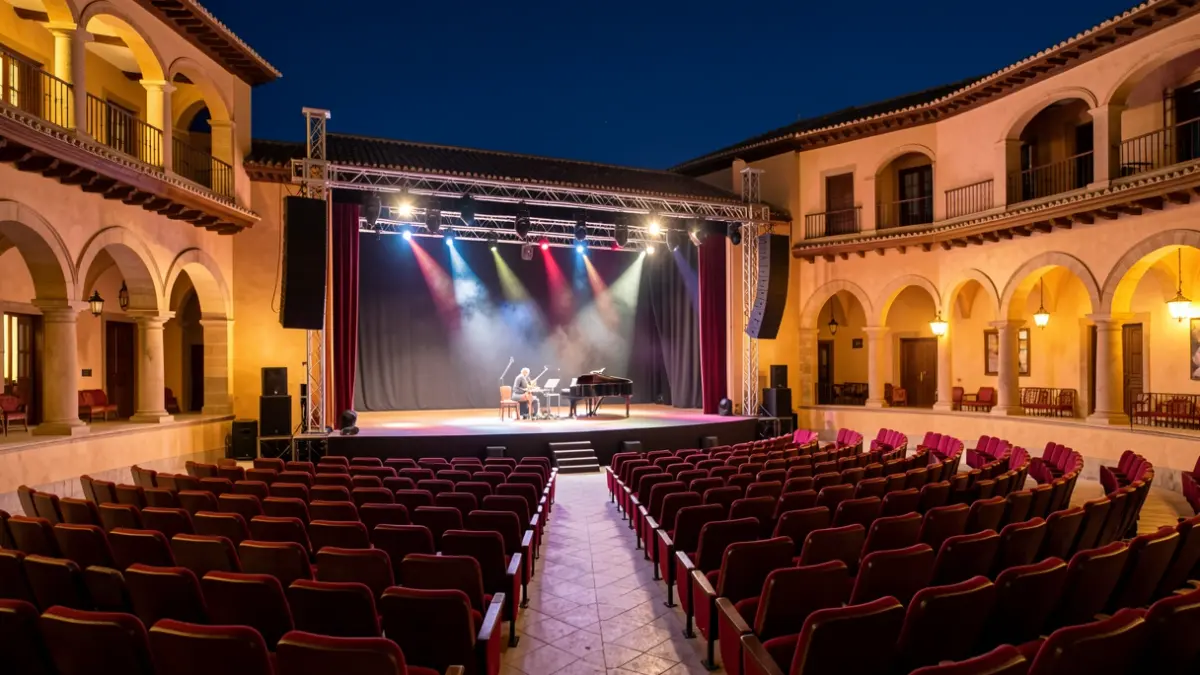 Escena nocturna del Teatro de la Axerquía en Córdoba, con luces de escenario y asientos vacíos.