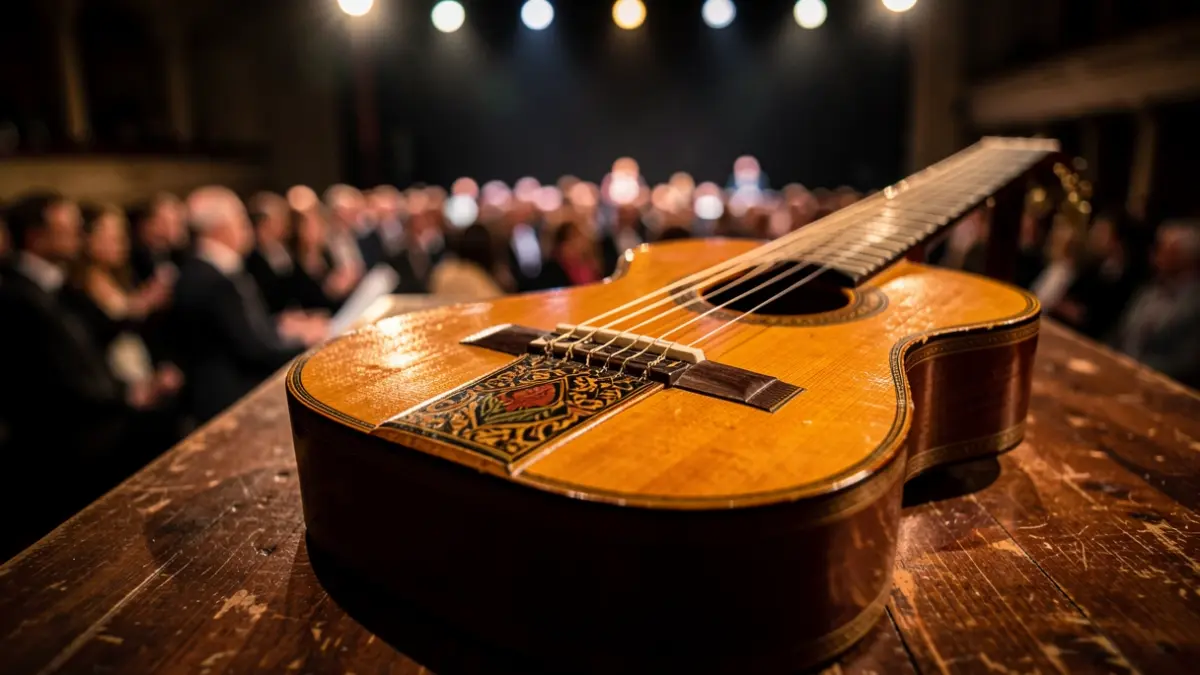 Primer plano de una guitarra flamenca con detalles intrincados sobre una superficie de madera oscura, con iluminación cálida y dramática.
