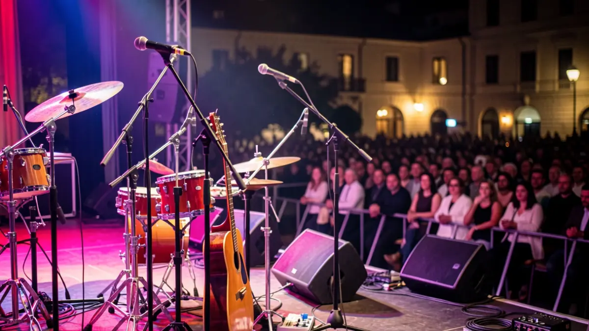 Escena genérica de un concierto de música con varios micrófonos en un escenario.