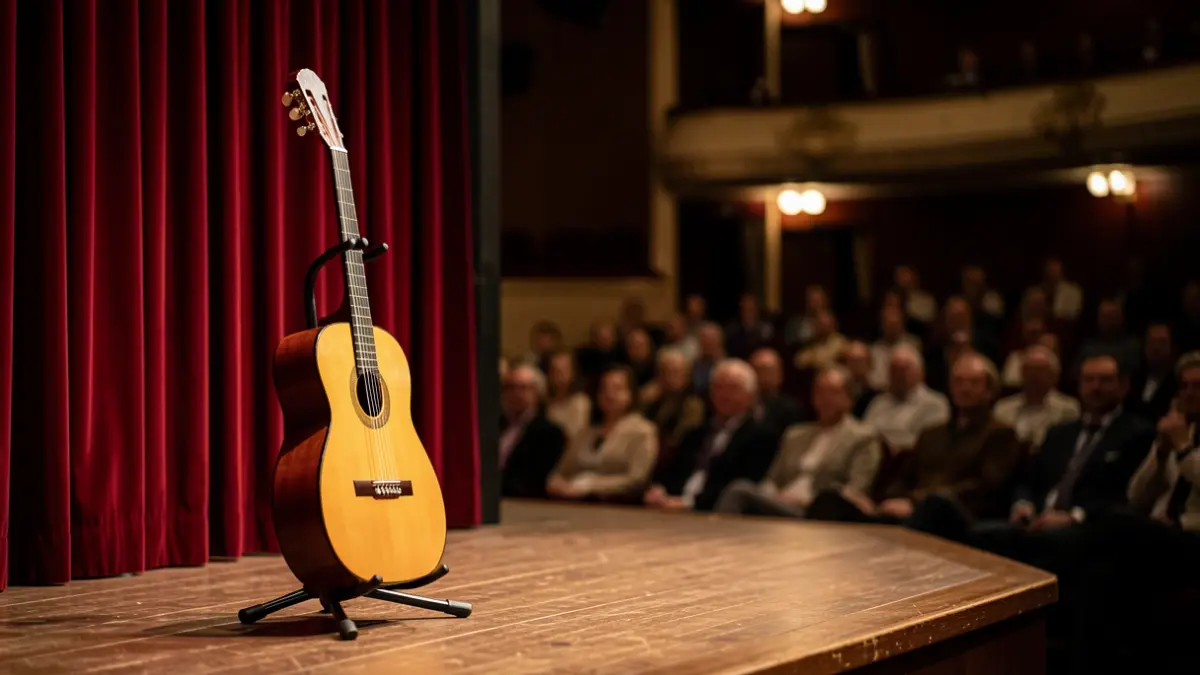 Escenario de teatro con una guitarra clásica sobre un soporte, con iluminación cálida y ambiente cultural.