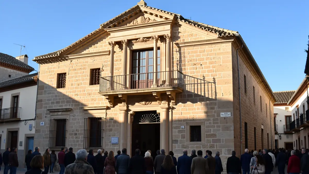 Facade of a traditional Andalusian stone town hall with a balcony and iron railings, warm afternoon light.