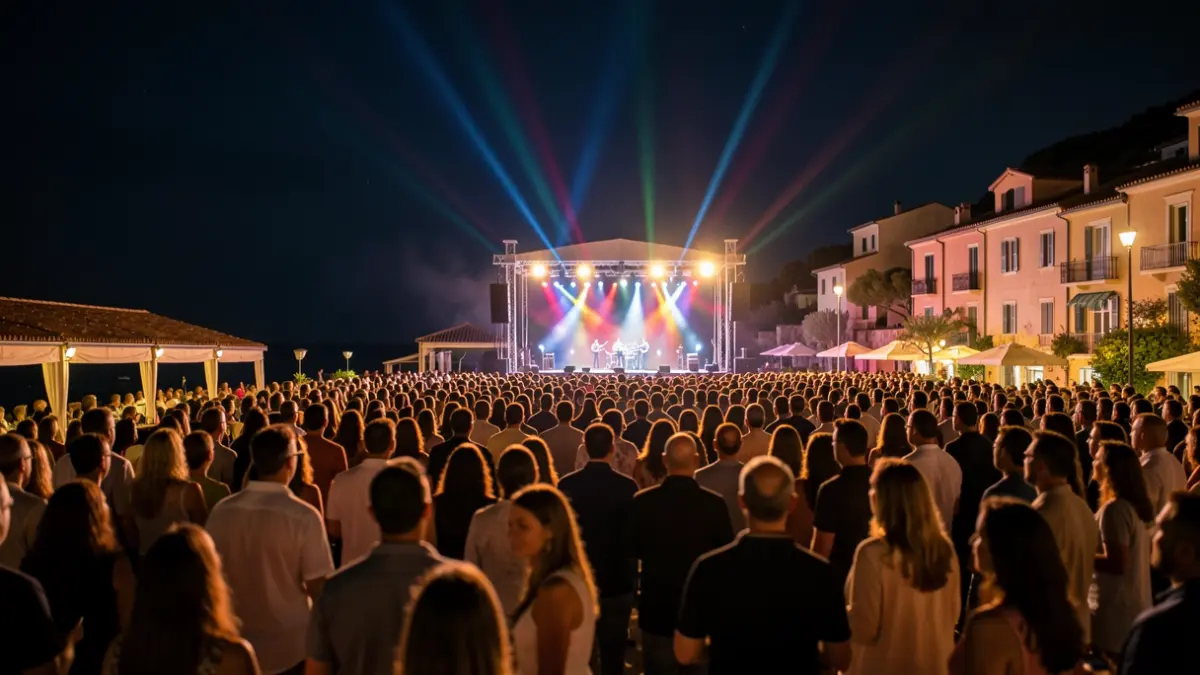 Imagen de un festival de música al aire libre con público y luces de escenario.