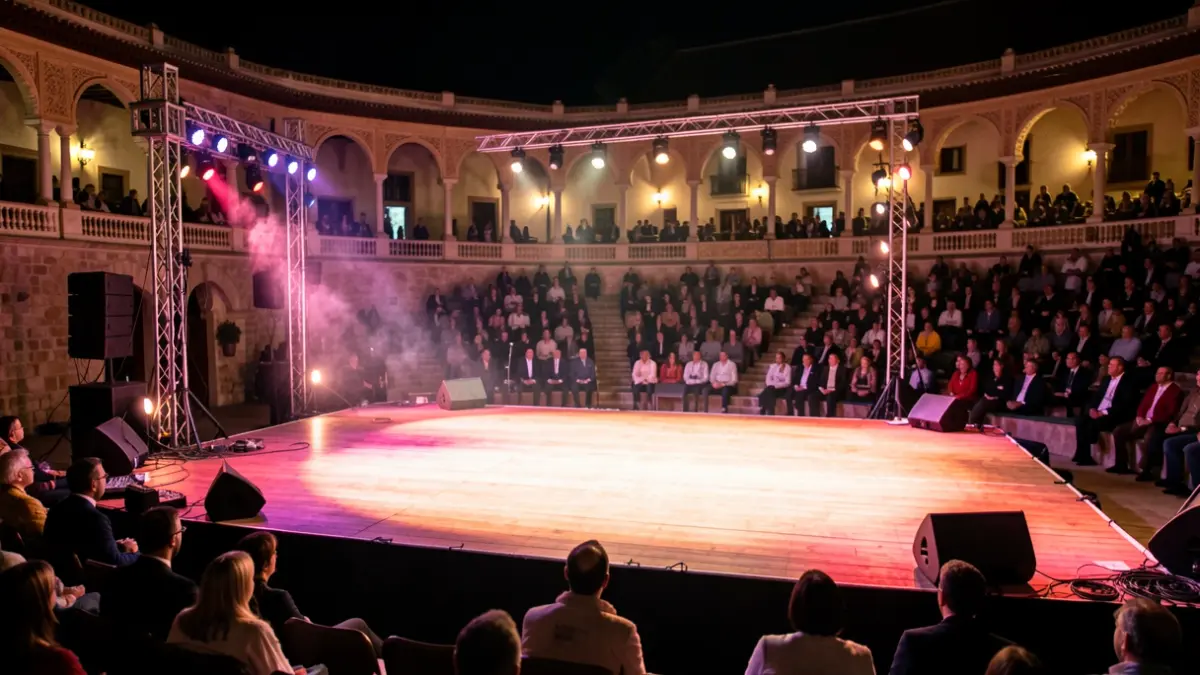 Escena de un escenario de flamenco al aire libre por la noche, con iluminación dramática y elementos arquitectónicos andaluces.