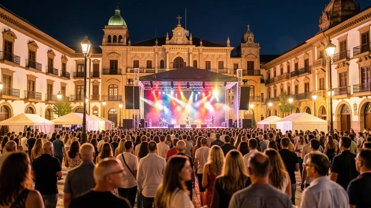 Escena de un festival de música al aire libre por la noche en una plaza histórica de Andalucía, con público y arquitectura iluminada.