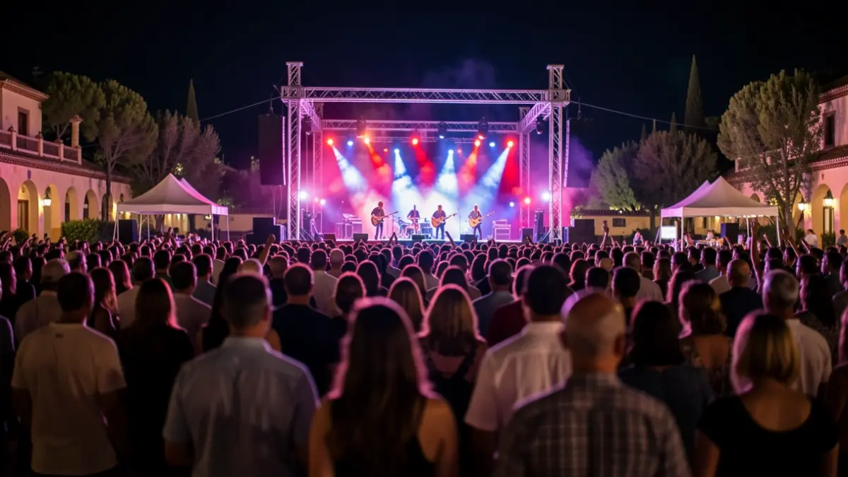 Imagen genérica de un festival de música al aire libre por la noche en Andalucía, con luces de escenario y público difuminado.