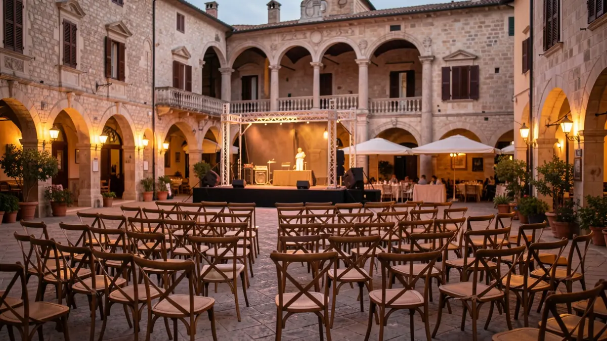 Outdoor stage in a town square at sunset, with traditional architecture in the background.