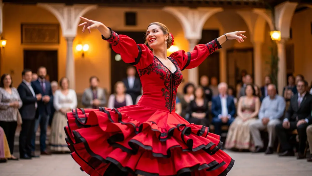 Bailarina de flamenco en movimiento en un patio andaluz.