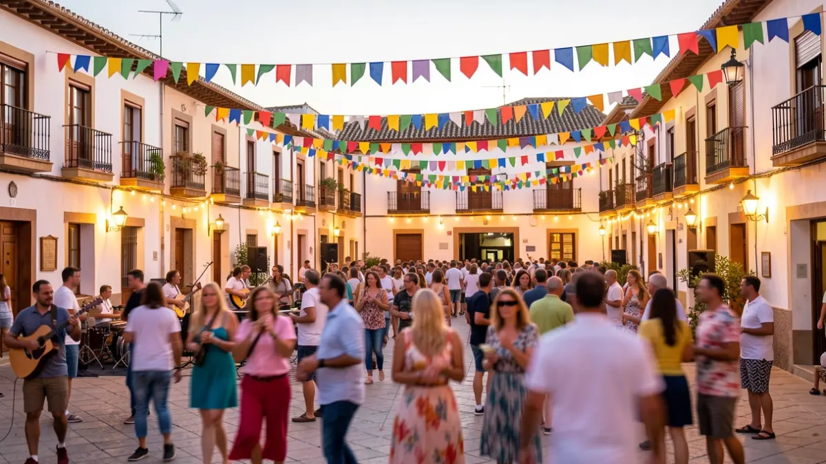 Generic image of an Andalusian town square during a summer fair with a festive atmosphere.