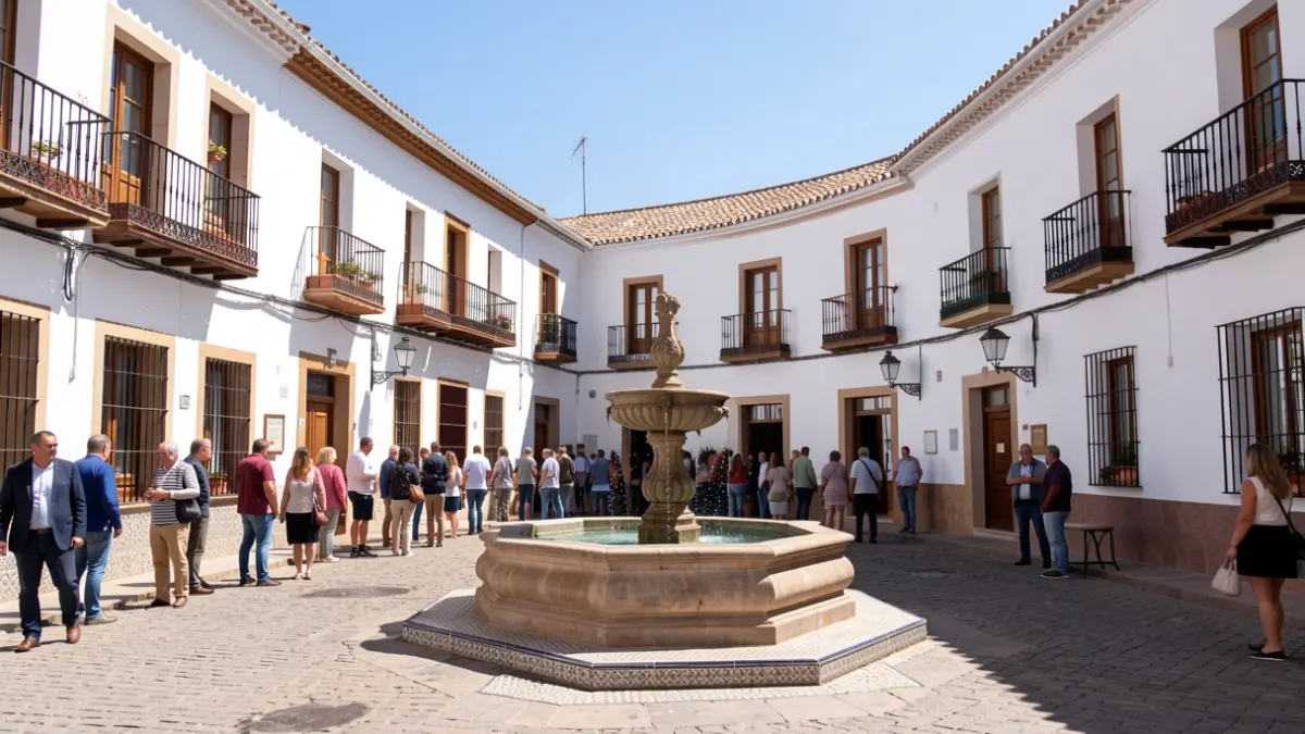 Generic image of an Andalusian town square with white buildings and a fountain.