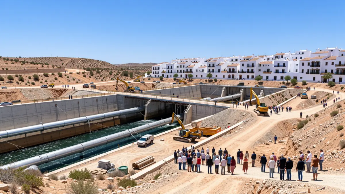 Imagen de la construcción de una gran presa hidroeléctrica en un paisaje árido andaluz.