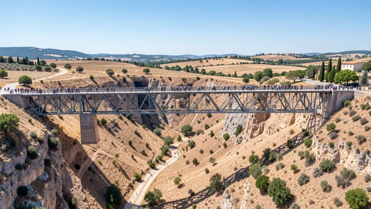 Aerial view of a steel viaduct in a Mediterranean setting.