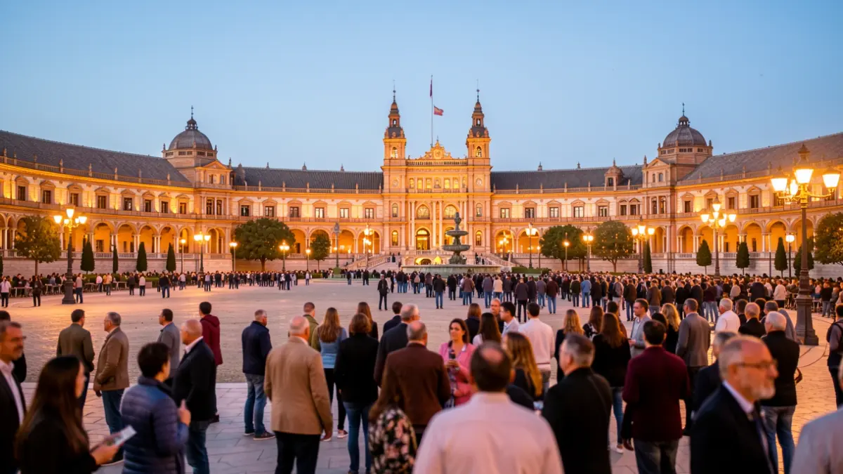 Imagen genérica de la Plaza de España en Sevilla al atardecer con gente y arquitectura.