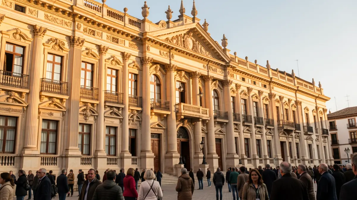 Facade of a historic building with Andalusian classical architecture under the sunset light.
