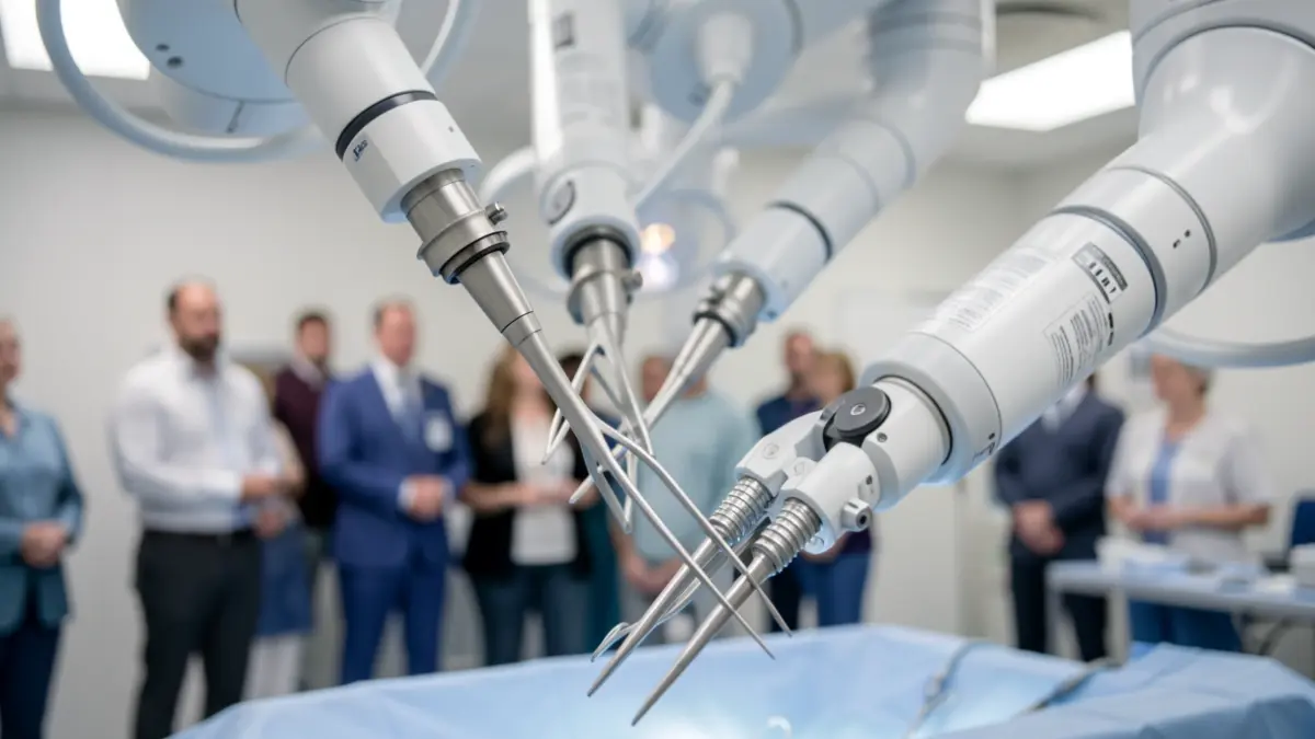 Primer pla dels braços robòtics del robot Da Vinci amb instruments quirúrgics.