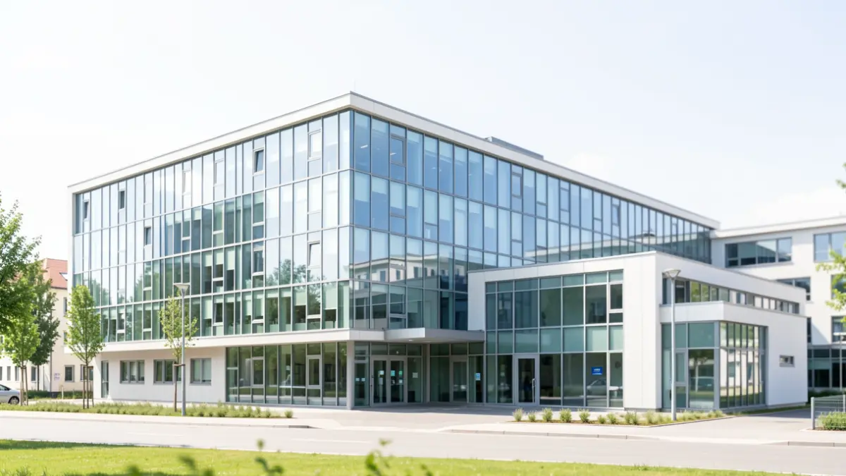Imagen genérica de una ampliación moderna de hospital con fachada de cristal y edificios anexos.