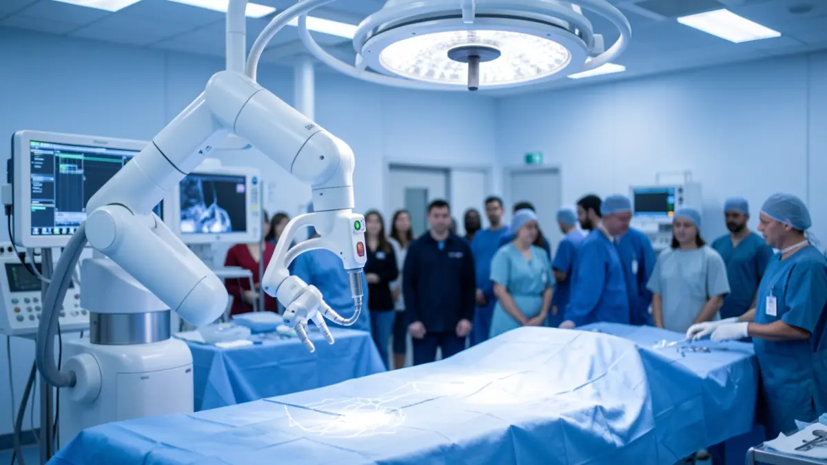 Generic image of a robotic surgery system in a modern operating room.