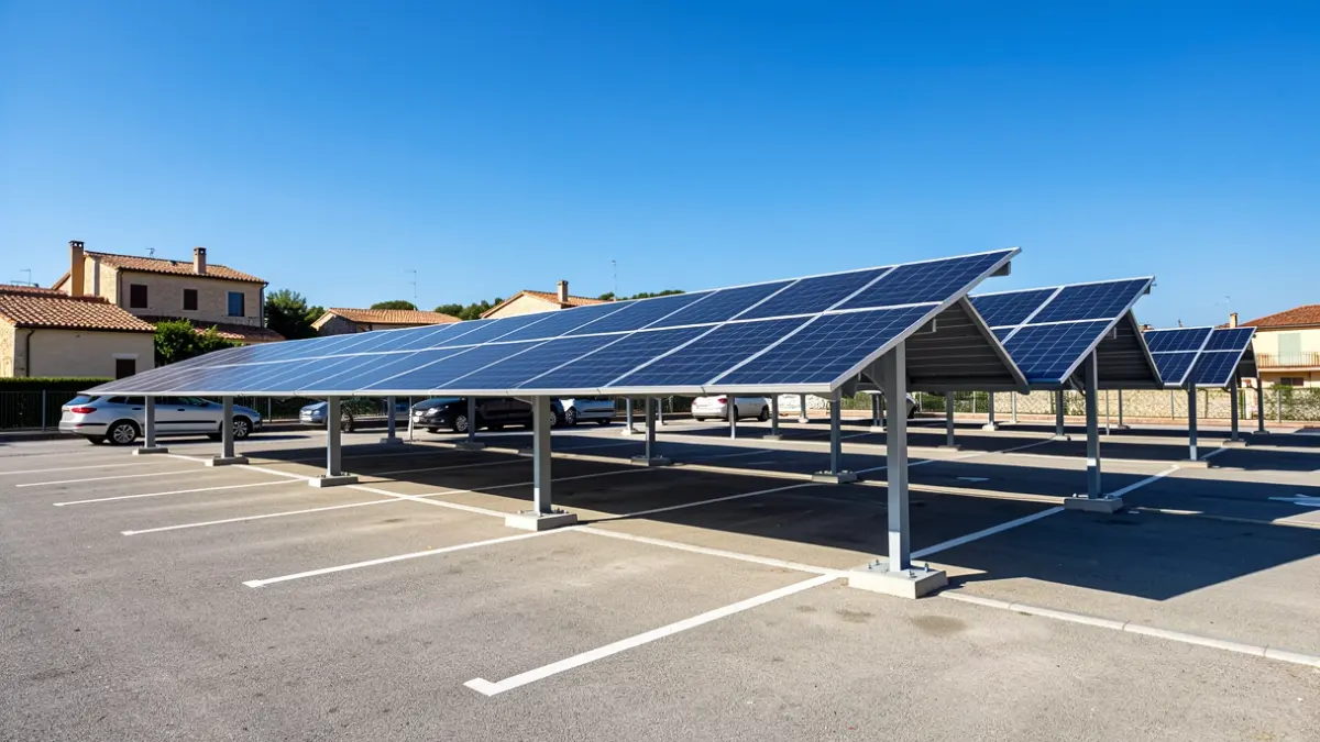 Imagen genérica de marquesinas fotovoltaicas en un aparcamiento exterior.