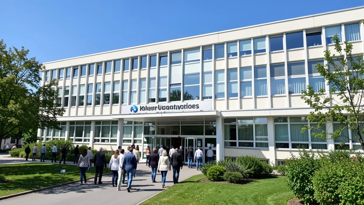 Fachada genérica de un hospital moderno con cielo azul.