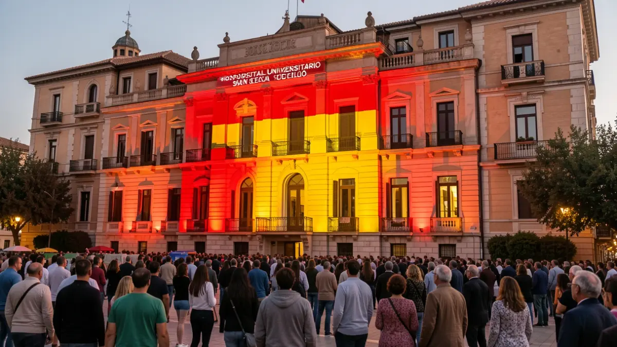 Facade of the Hospital Universitario San Cecilio in Granada illuminated in the red and yellow colors of the Spanish national team.