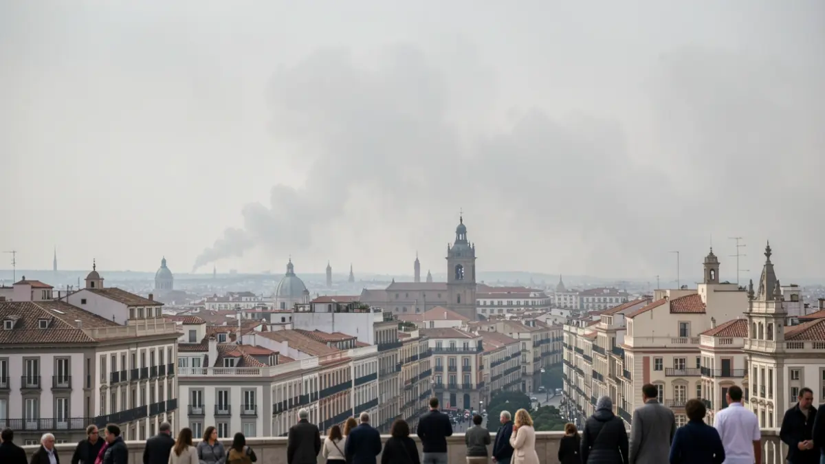 Hazy sky over a Spanish city skyline with a visible layer of smoke.