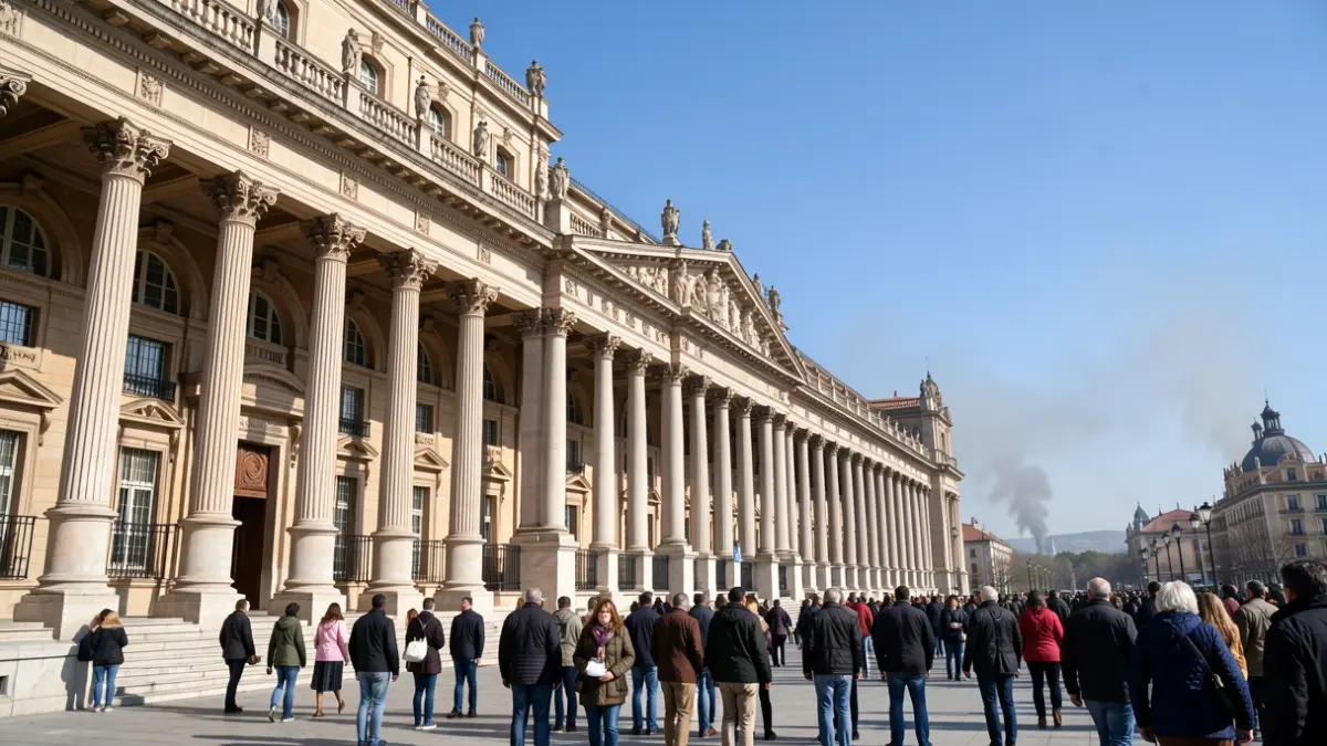 Fachada del Parlamento de Andalucía con humo de incendio al fondo.