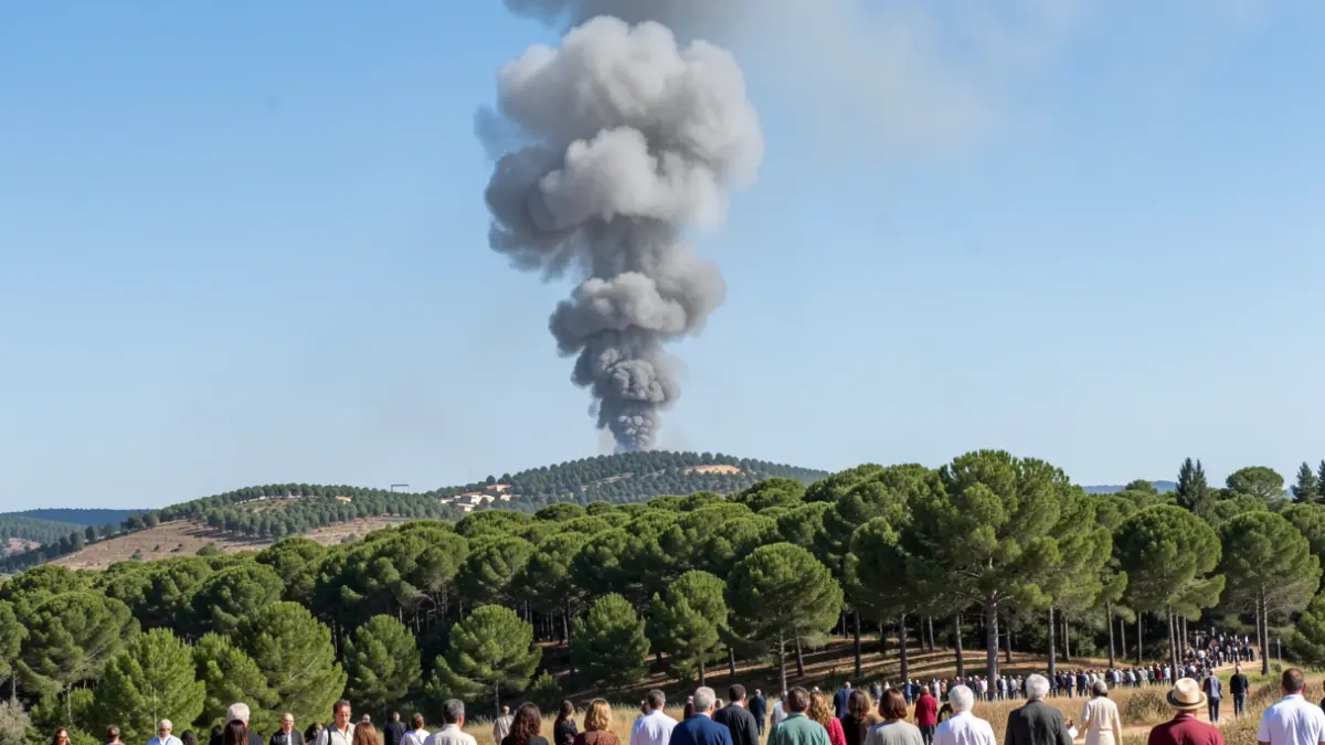 Column of smoke over a forest in the Andalusian landscape.