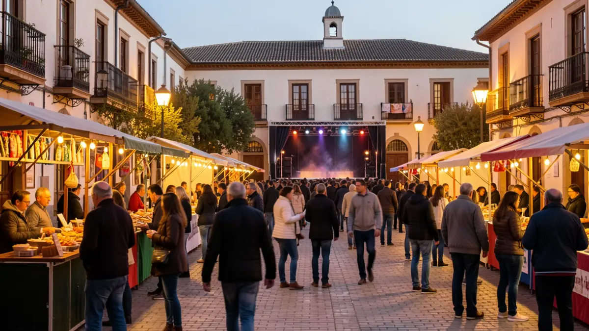Imagen genérica de una plaza de pueblo andaluz animada durante una fiesta nocturna.
