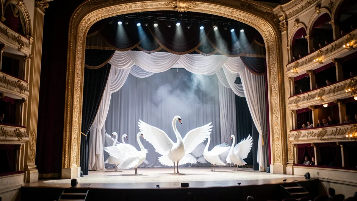 Generic image of a ballet stage with white swan motifs.