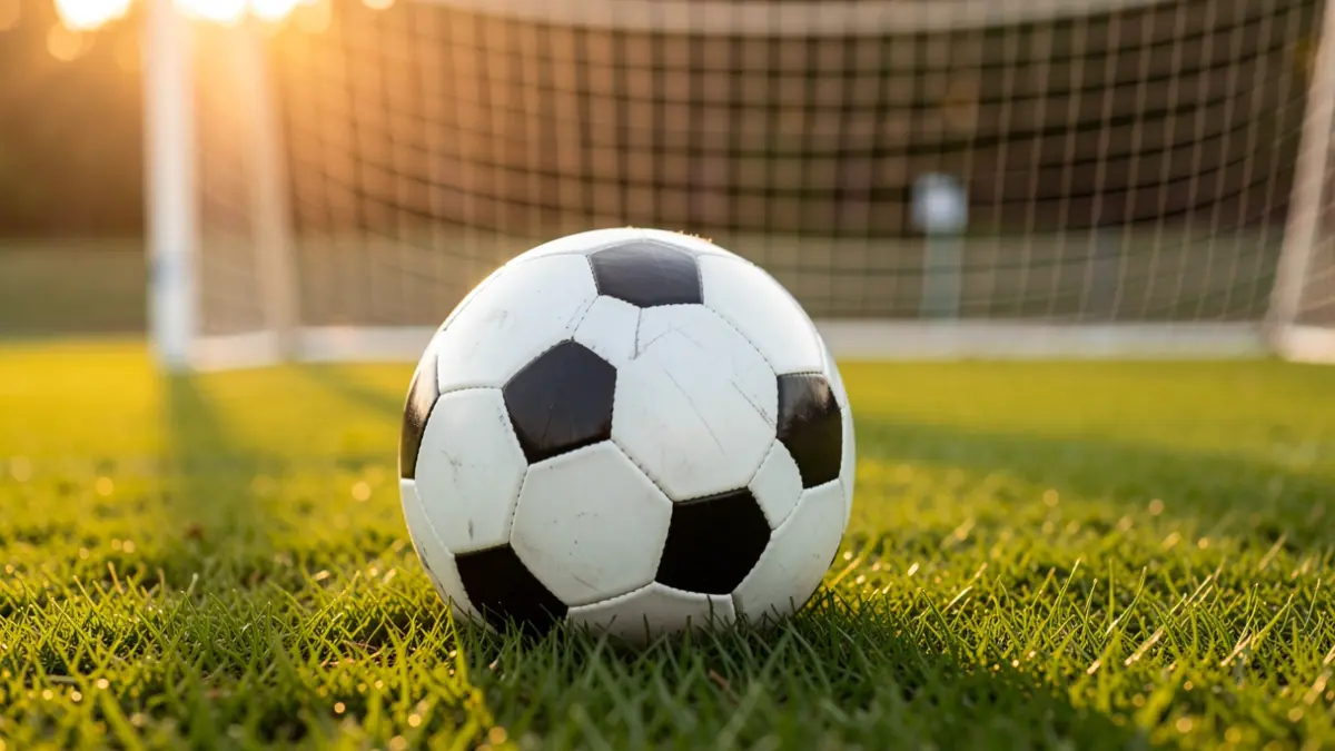 Generic image of a soccer ball on grass with a blurred goal.