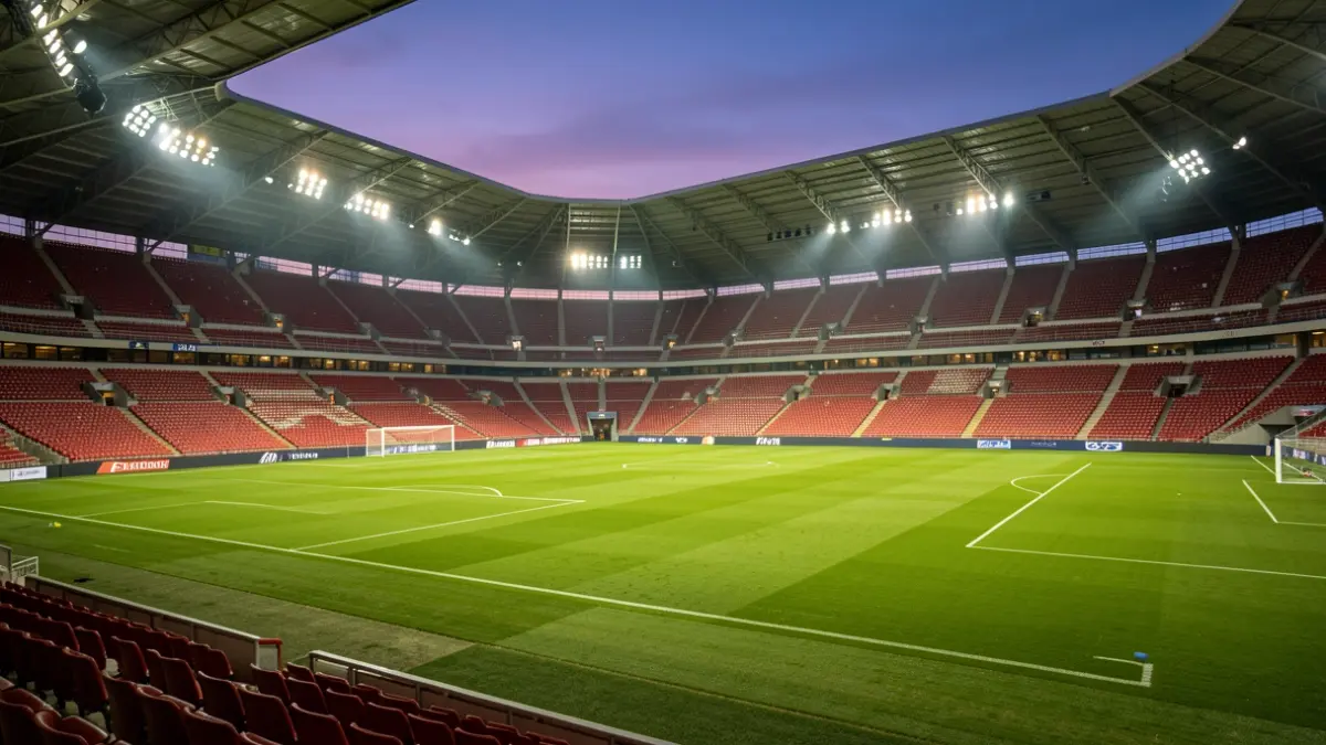 Generic image of a football stadium at dusk with the pitch illuminated.