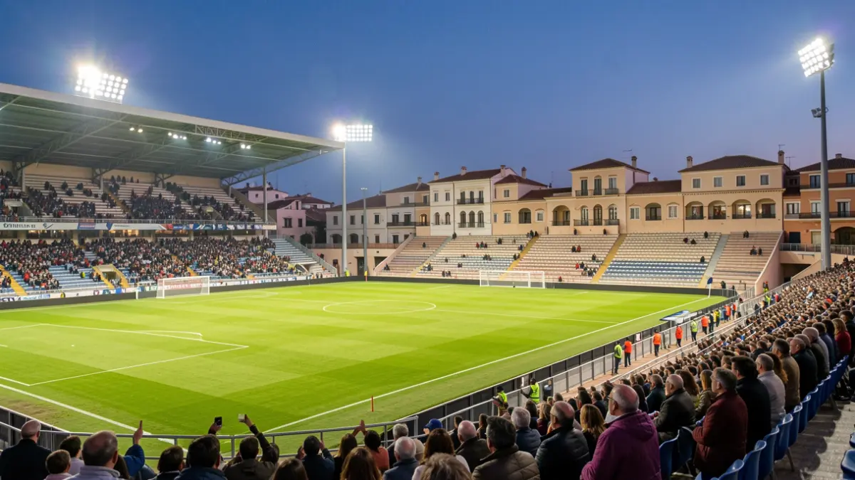 Estadio Nuevo Mirador de Algeciras al atardecer, preparándose para un partido de pretemporada.