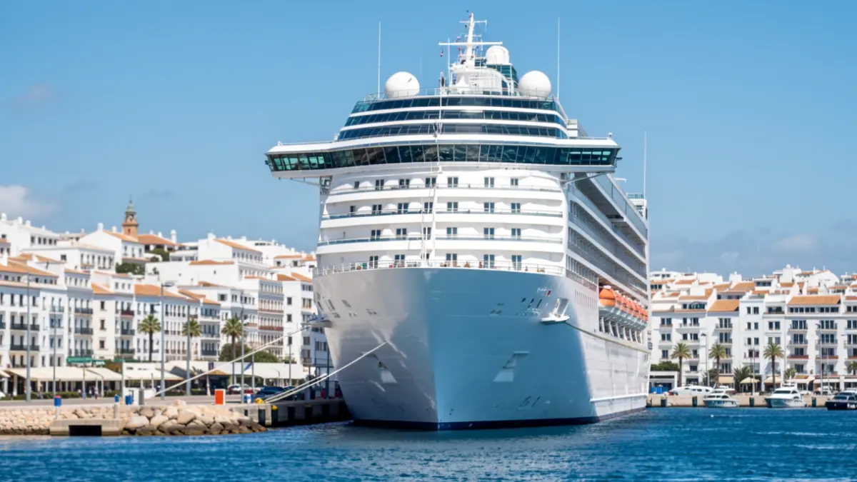 A large, modern cruise ship docked at the port of Málaga.