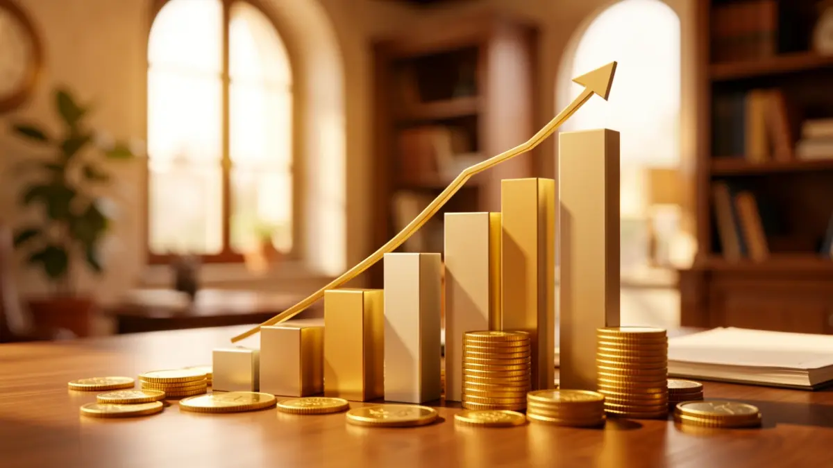 Representación abstracta de crecimiento económico con gráficos y monedas.