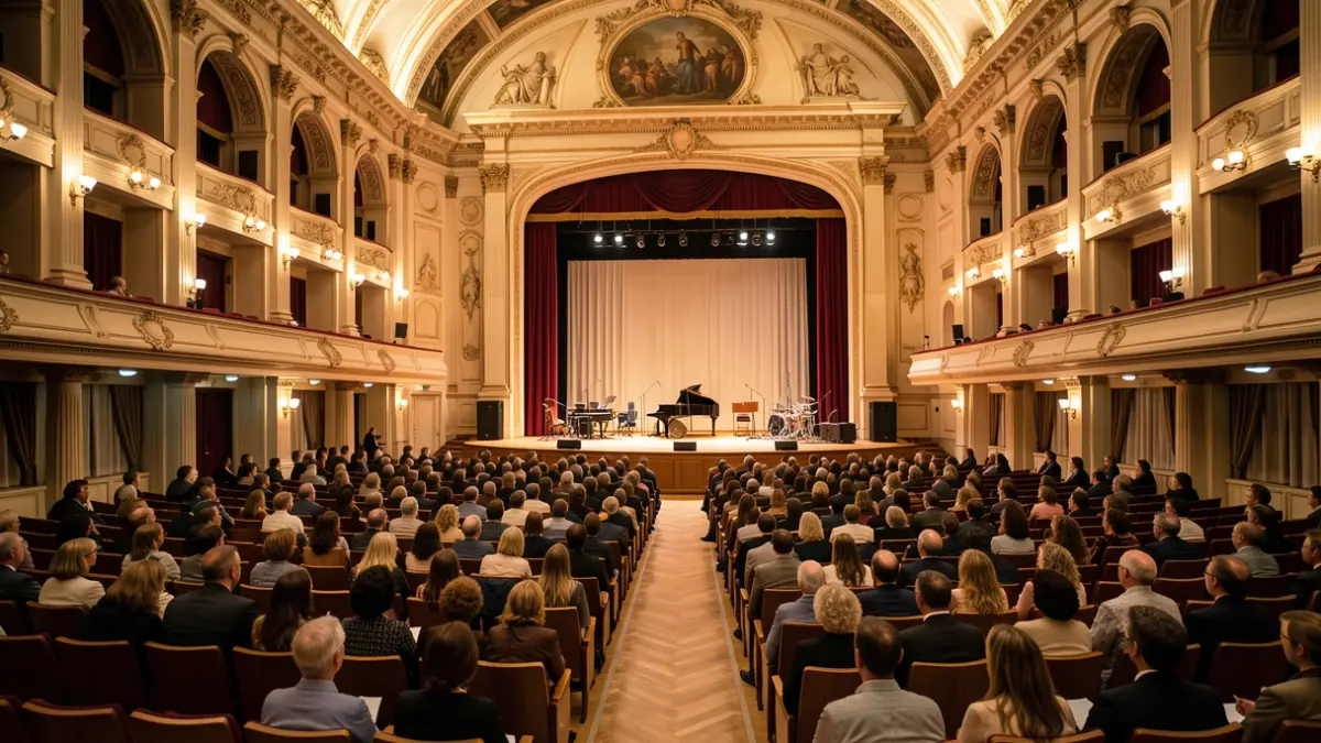 Imagen genérica de un interior de sala de conciertos con escenario y asientos vacíos.