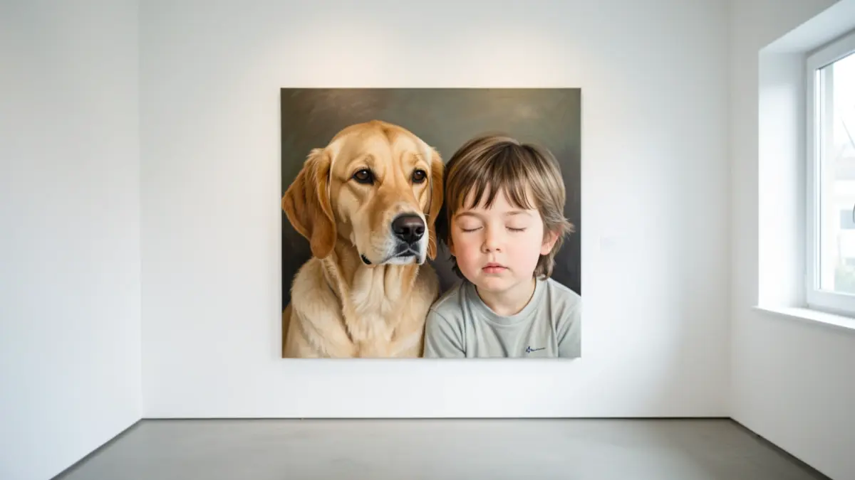 Contemporary art exhibition featuring a realistic painting of a dog and a child.
