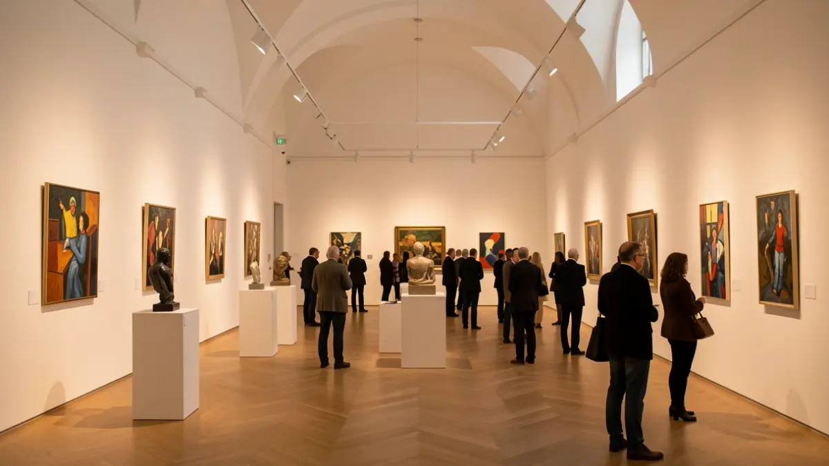 Interior view of an exhibition hall featuring contemporary artworks in a museum.