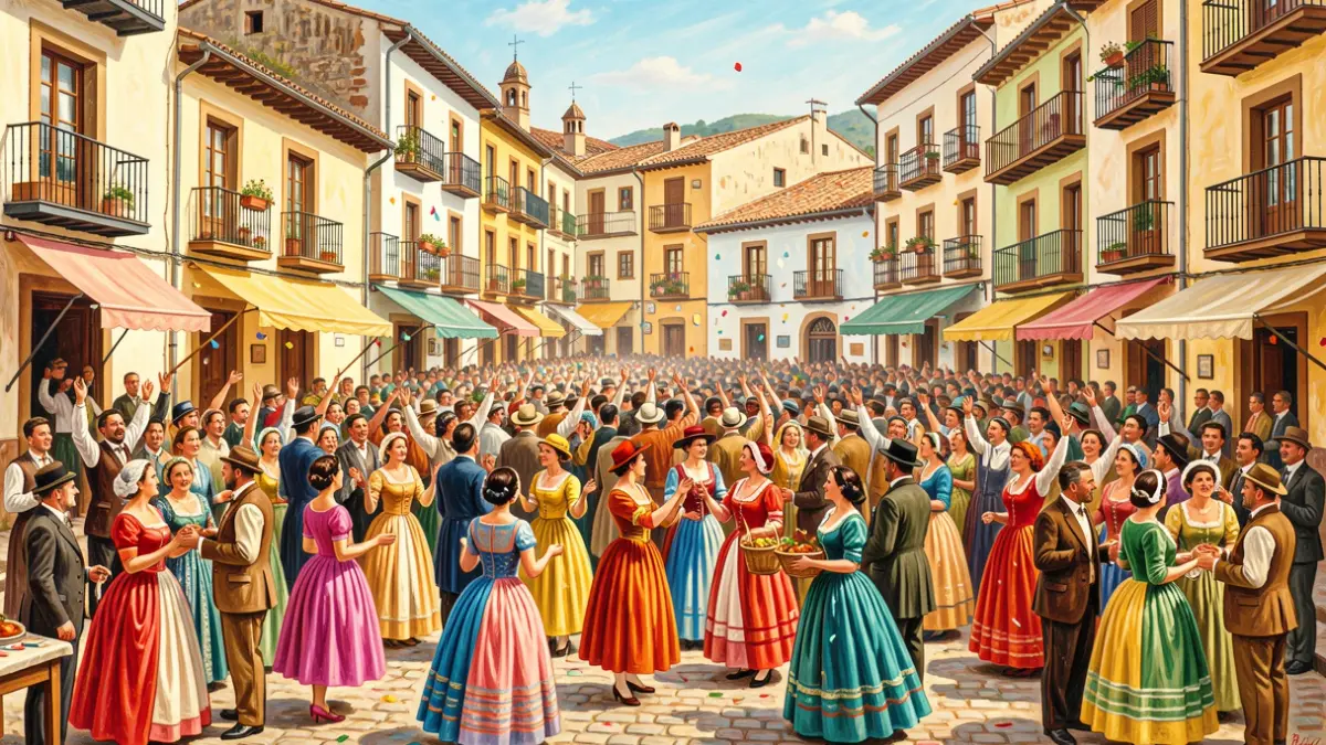 Pintura de una escena festiva en una plaza española, estilo años 50.