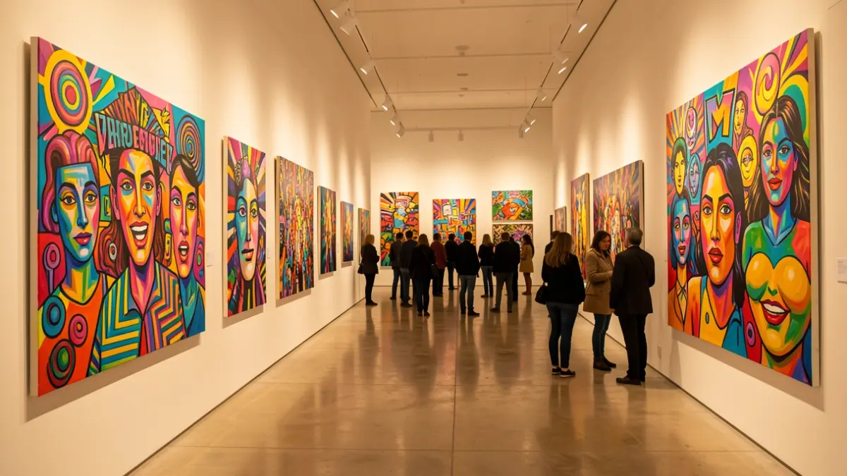 Vibrant and retro artworks displayed in a museum.